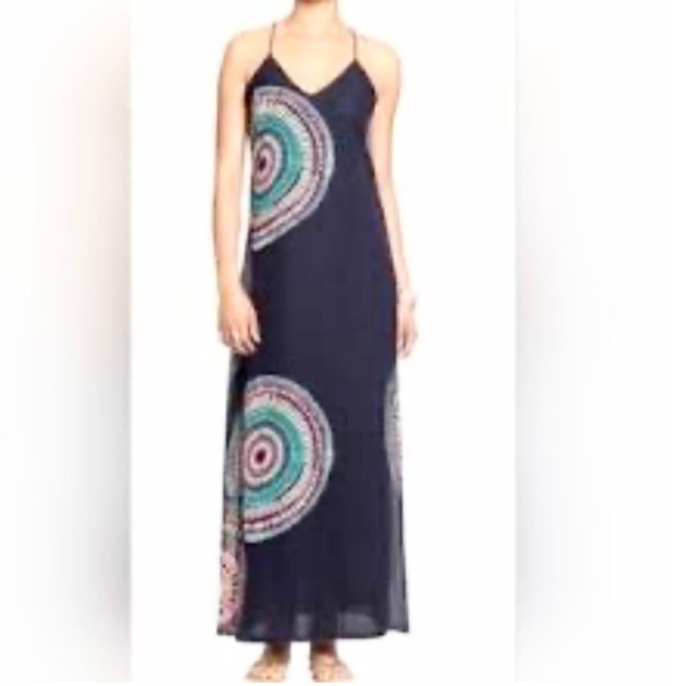 Old Navy Womens XS Navy Blue‎ Mandala Print V-Neck Spaghetti Strap Maxi Dress